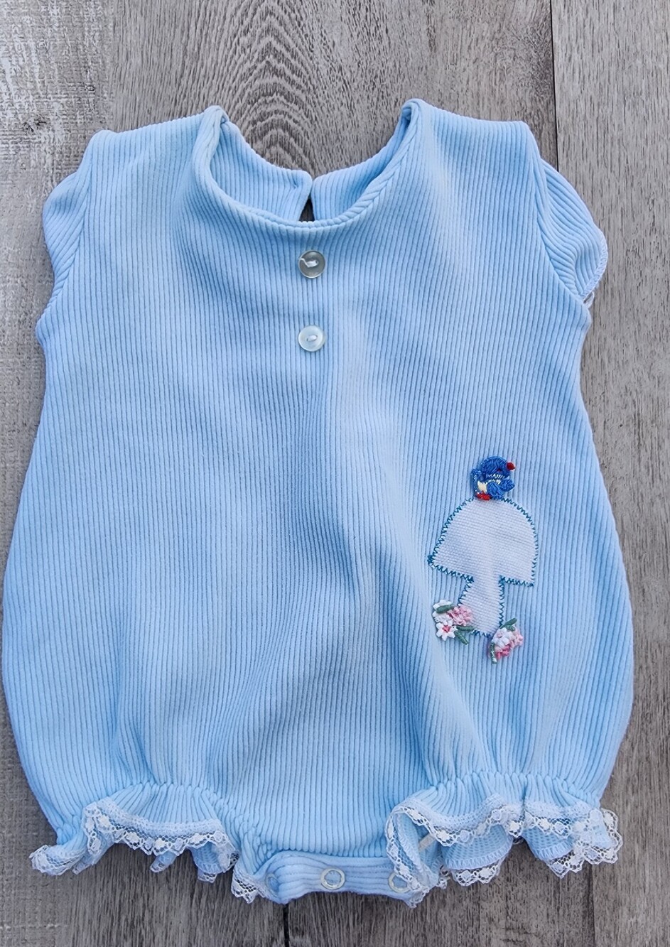 Vintage 1970s Blue Mushroom Bird Flower Ruffle Bubble Baby Romper Sz 3-6 Months